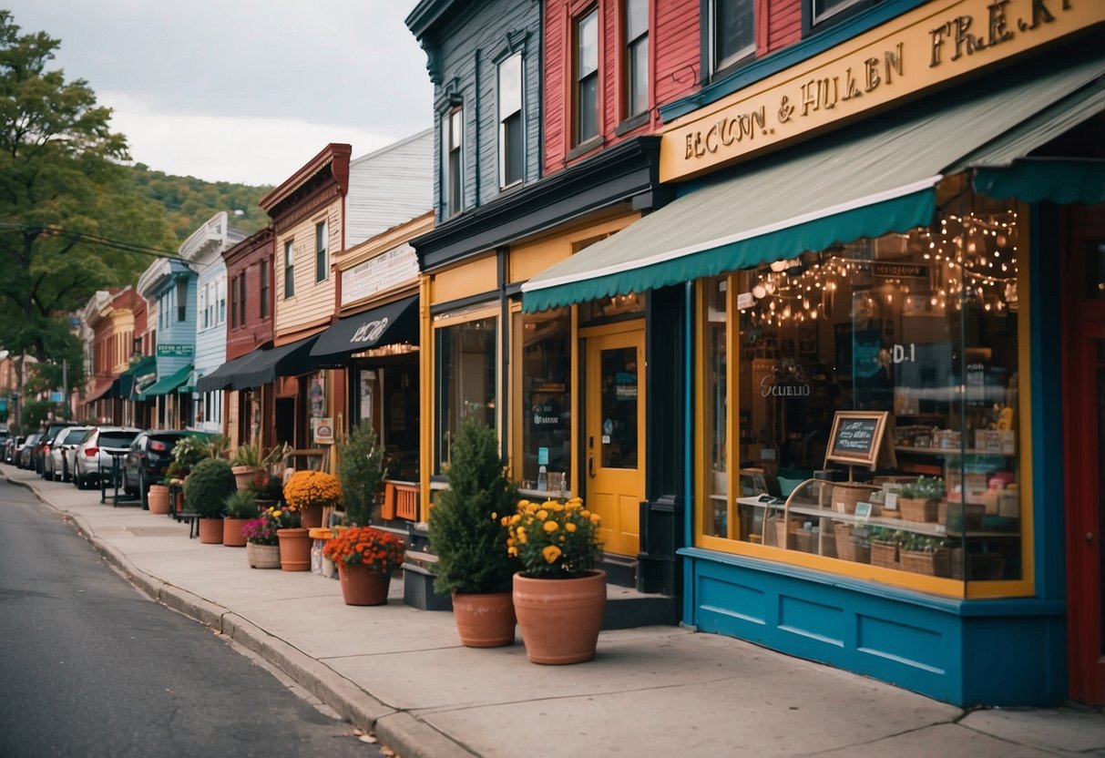 A quaint street lined with colorful storefronts in Beacon, NY, with the scenic Hudson River in the background