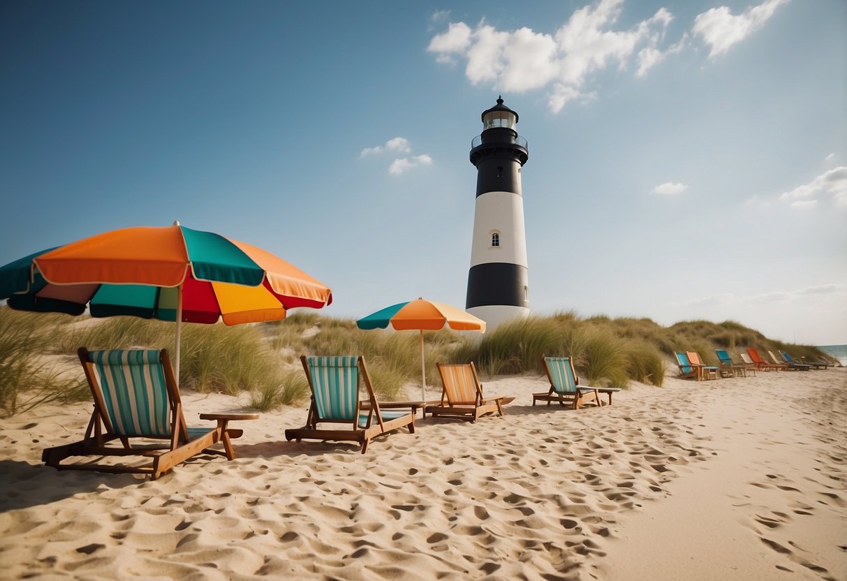 A sandy beach stretches along the shore, with colorful beach umbrellas and lounge chairs dotting the landscape. The iconic lighthouse stands tall in the distance, surrounded by dunes and swaying grass