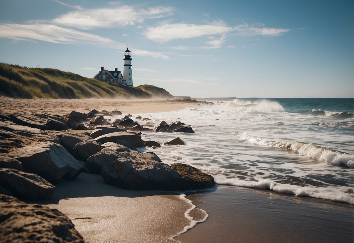 A serene beach at Montauk, NY with waves crashing against the shore, a lighthouse in the distance, and a clear blue sky overhead