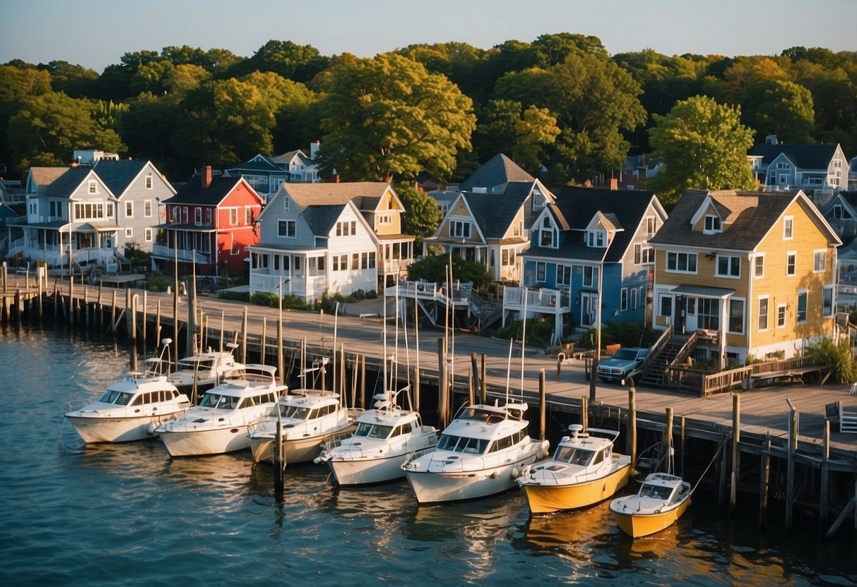 A scenic view of Greenport, NY with colorful buildings, boats in the harbor, and a bustling waterfront, surrounded by lush greenery