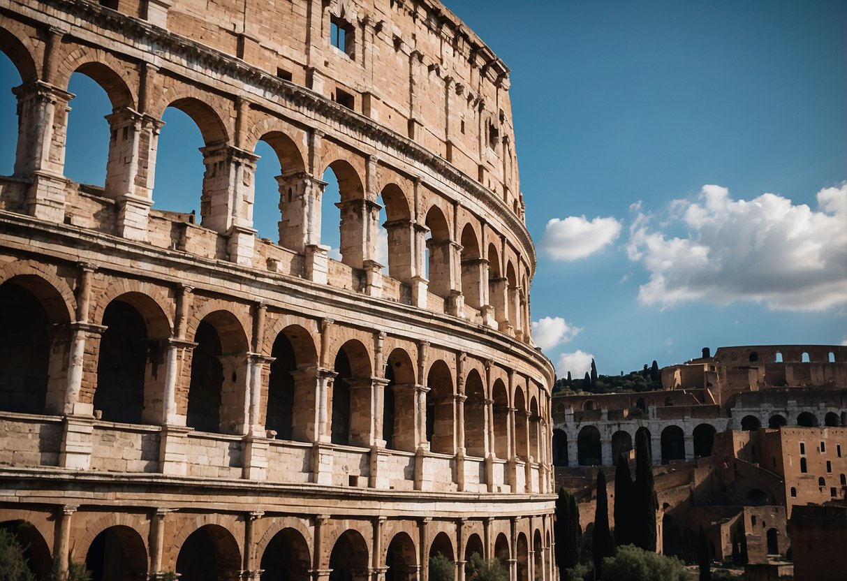 The Colosseum stands tall against the Italian sky, a symbol of ancient history and culture. Its grand arches and weathered stone tell the story of gladiator battles and Roman entertainment