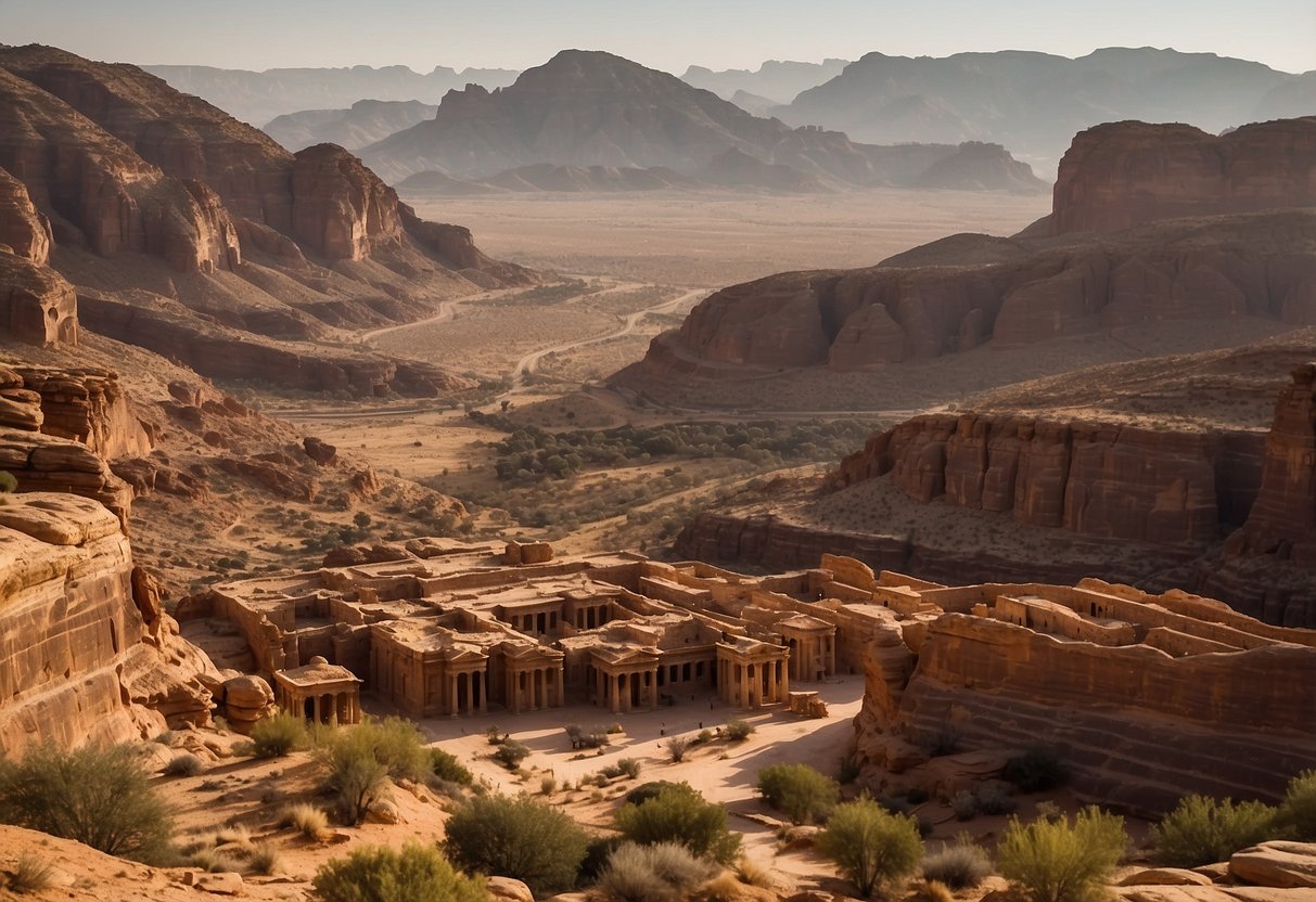 A panoramic view of the ancient city of Petra, with its iconic sandstone rock-cut architecture and intricate carvings, nestled within the rugged desert landscape