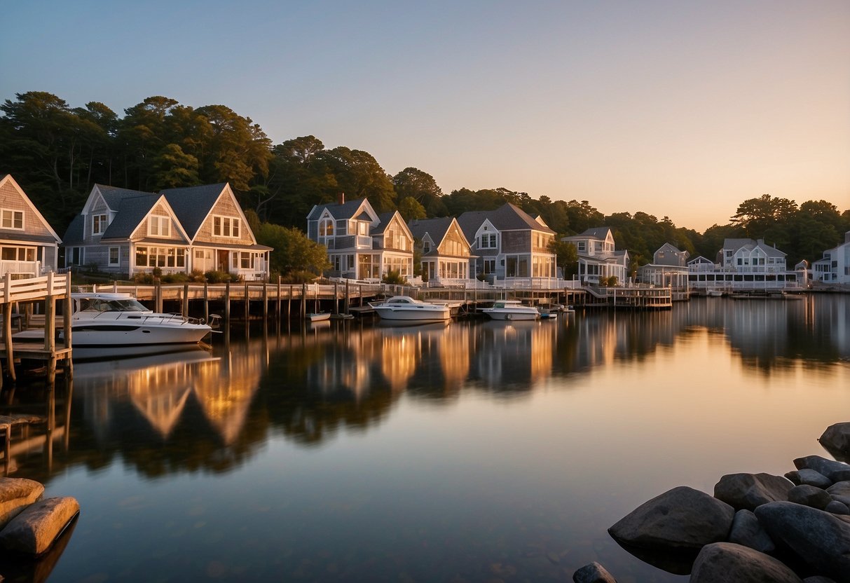 A serene beach town in Mystic, CT with calm waters, quaint cottages, and lush greenery along the coastline. The sun sets behind the horizon, casting a warm glow over the peaceful scene