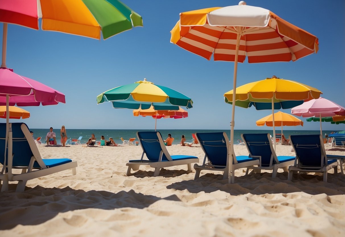 A sandy beach stretches along the calm, blue waters of Southampton, New York. Colorful beach umbrellas dot the shoreline, while families and friends relax in the warm sun