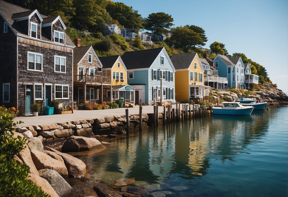 A charming coastal town with colorful beach cottages, fishing boats, and a serene harbor nestled in Rockport, Massachusetts