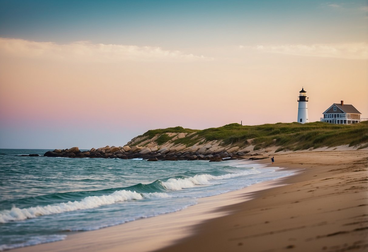 Sandy beach with colorful umbrellas, calm ocean waves, and a distant lighthouse on Block Island, Rhode Island