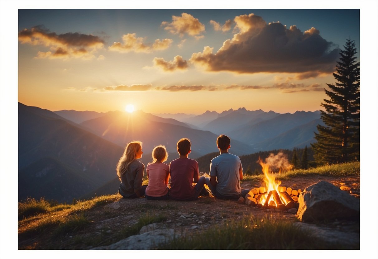 A family sits around a campfire, maps spread out, planning their next adventure. The sun sets over a mountain in the background