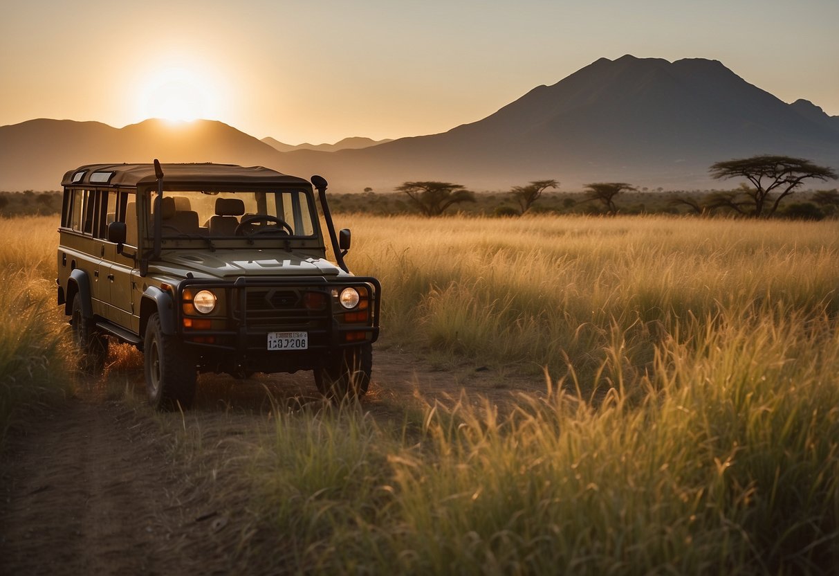 A safari vehicle drives through tall grass, surrounded by roaming wildlife. The sun sets behind a distant mountain, casting a warm glow over the savanna