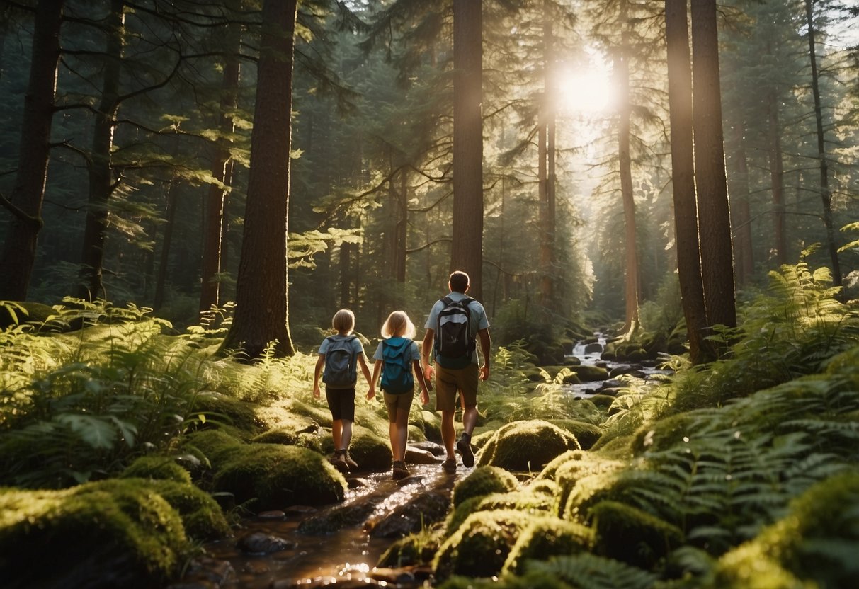 A family hiking through a lush forest, crossing a babbling stream, and marveling at towering mountains in the distance. The sun filters through the trees, casting dappled shadows on the forest floor