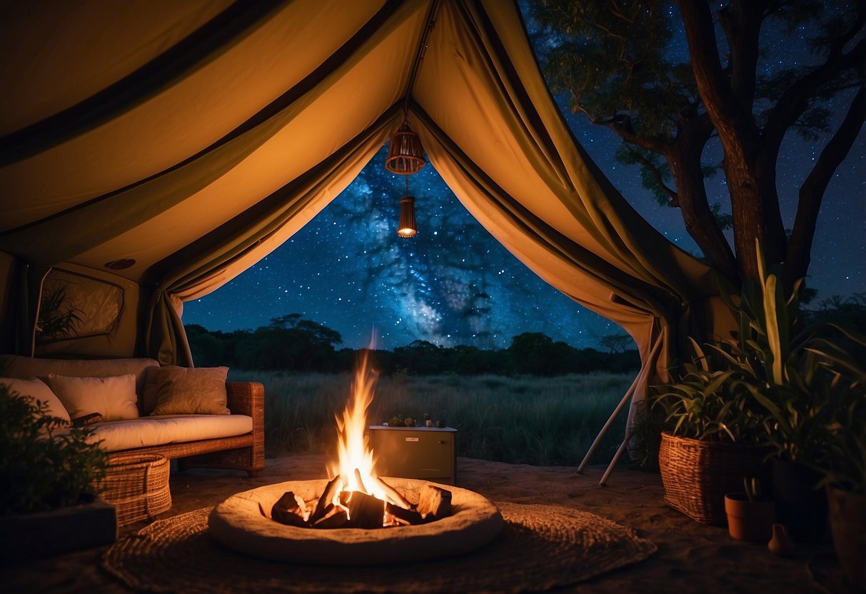 A cozy safari tent nestled among lush greenery, with a crackling campfire and a starry night sky above