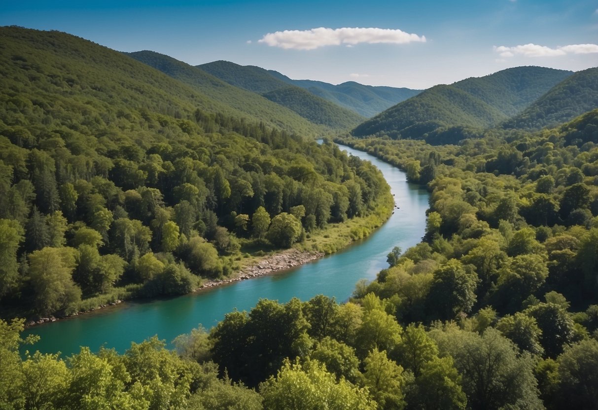 A lush forest with diverse flora and fauna, a winding river, and a clear blue sky. A group of animals and birds can be seen in their natural habitat, surrounded by untouched wilderness