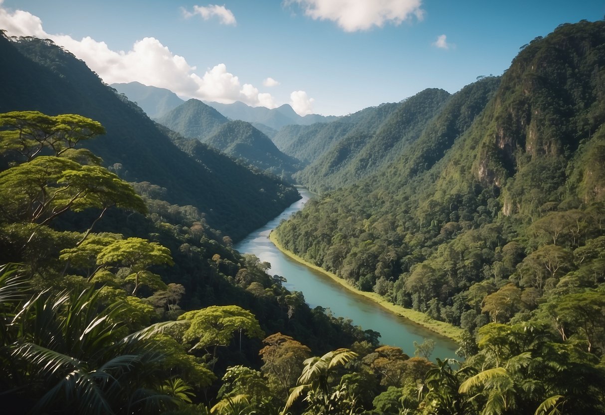 Lush rainforest with diverse flora and fauna, winding river, and clear blue skies. A guide points out wildlife to a group of tourists