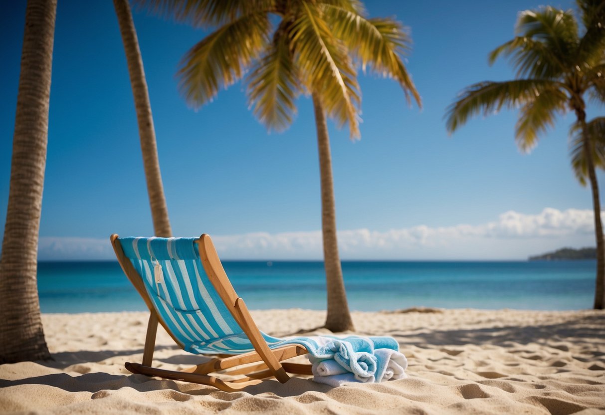 A sandy beach with palm trees, clear blue water, and a colorful umbrella. A beach chair with a towel and a book. A plane flying overhead