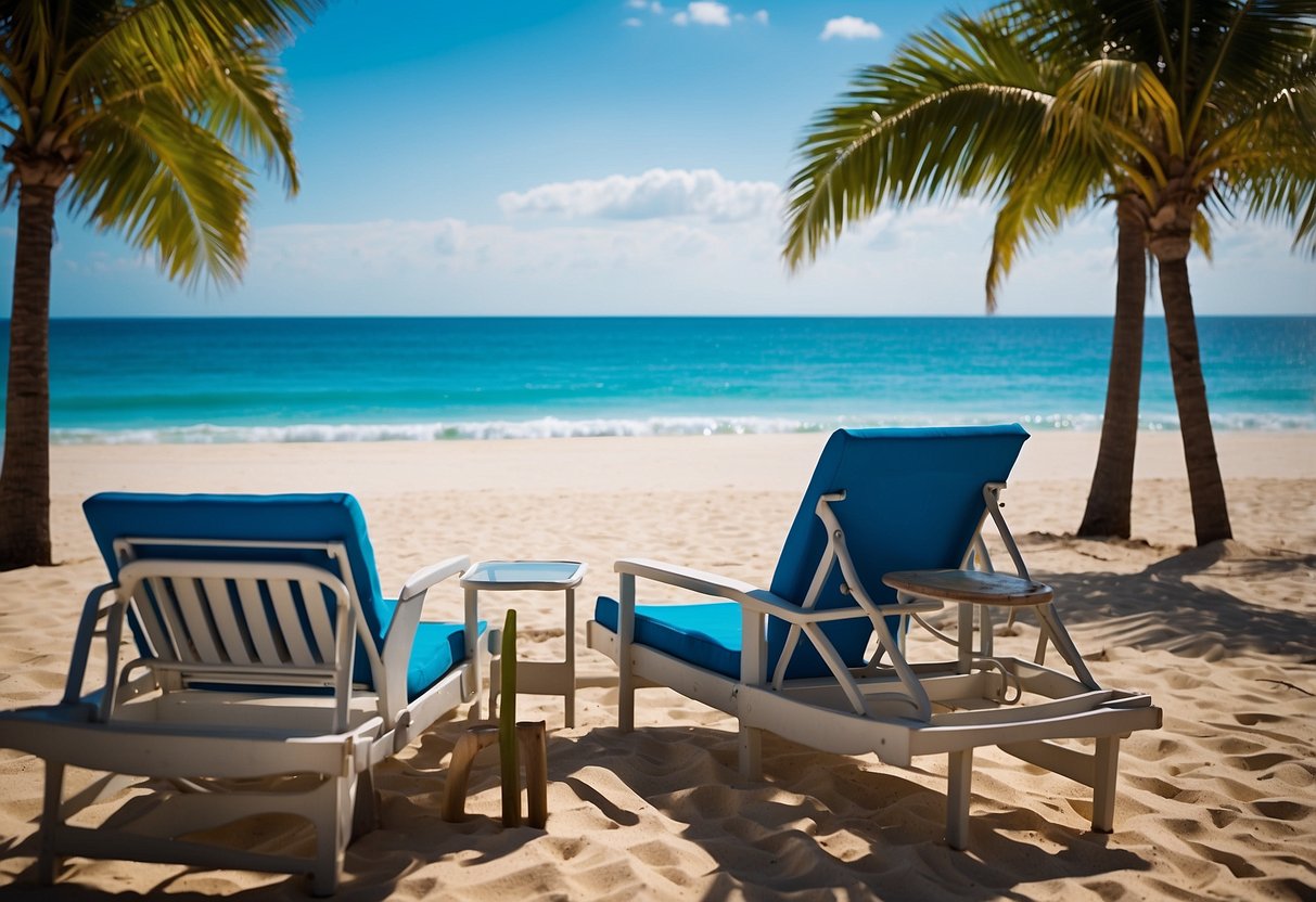 A beachfront resort with palm trees, lounge chairs, and clear blue water. A sign reads "Book Your Summer Vacation Now!"