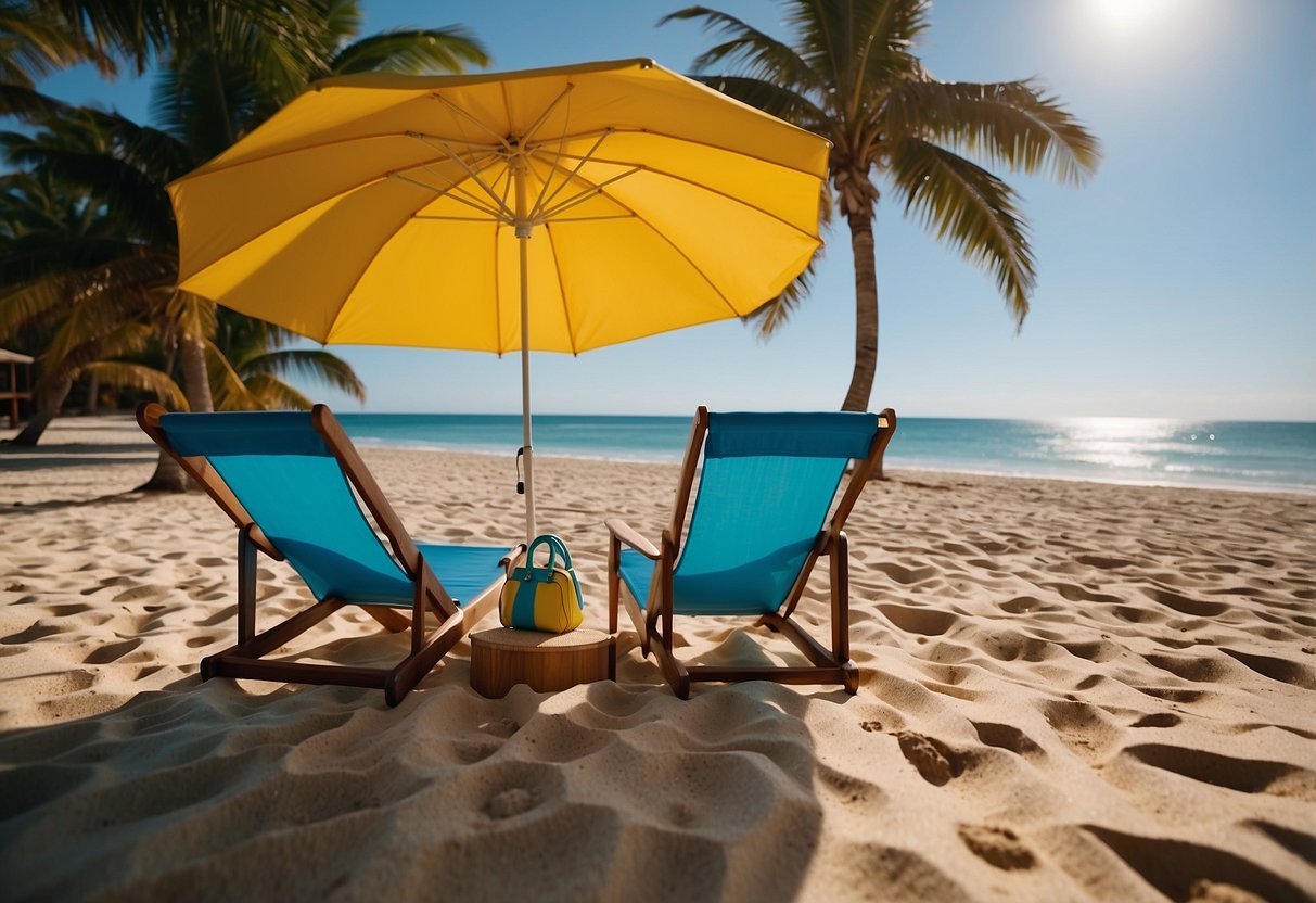 A sandy beach with palm trees, clear blue water, beach chairs, and a colorful umbrella. A beach bag, sunblock, sunglasses, and a book are scattered on the sand