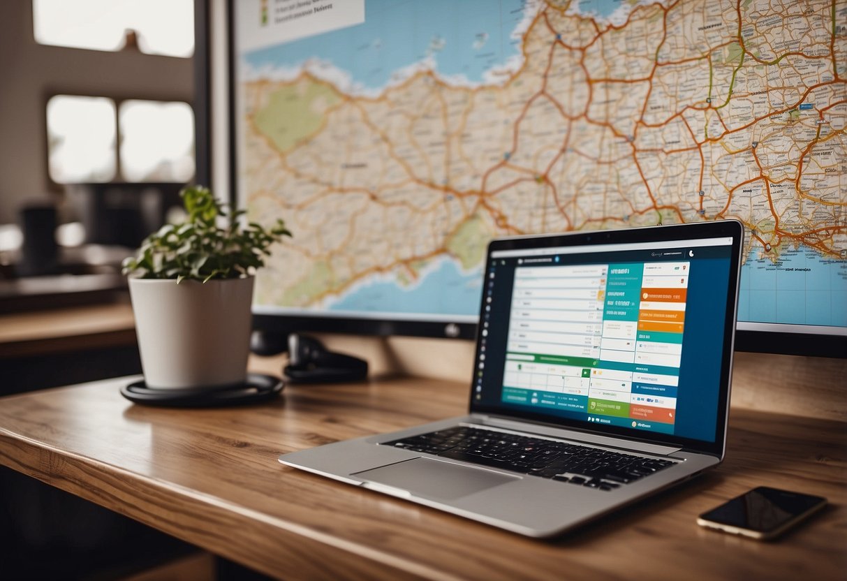 A map and calendar on a desk, with a laptop open to a travel booking website. A colorful list of destinations and activities is pinned to the wall